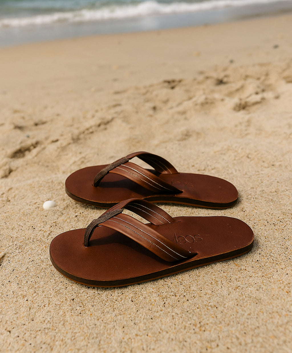 Brown sandals on a sandy beach with ocean in the background